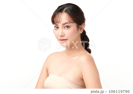 Beautiful young asian woman with clean fresh skin on white background, Face care, Facial treatment, Cosmetology, beauty and spa, Asian women portrait. Beautiful young asian woman with clean fresh skin on white background, Face care, Facial treatment, Cosmetology, beauty and spa, Asian women portrait. 106119790