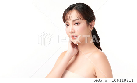 Beautiful young asian woman with clean fresh skin on white background, Face care, Facial treatment, Cosmetology, beauty and spa, Asian women portrait. Beautiful young asian woman with clean fresh skin on white background, Face care, Facial treatment, Cosmetology, beauty and spa, Asian women portrait. 106119811