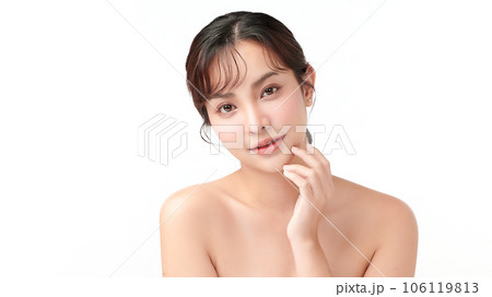 Beautiful young asian woman with clean fresh skin on white background, Face care, Facial treatment, Cosmetology, beauty and spa, Asian women portrait. Beautiful young asian woman with clean fresh skin on white background, Face care, Facial treatment, Cosmetology, beauty and spa, Asian women portrait. 106119813