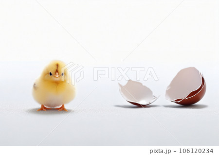 small yellow chicken in a shell on a light background. small yellow chicken in a shell on a light background. 106120234