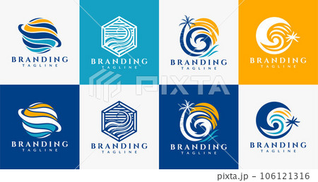 Cozy abstract beach vacation logo design set. Fancy sea wave logo branding 106121316