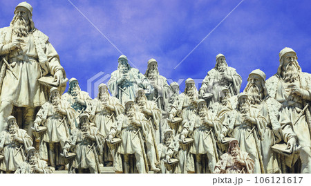 Collage of Leonardo da Vinci monuments against a blue sky Collage of Leonardo da Vinci monuments against a blue sky 106121617