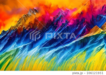 Water color or oil painting fine art illustration of abstract colorful panoramic mountain and nature print digital art. 106121931