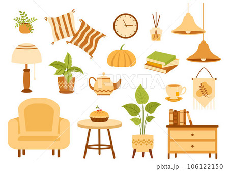 Autumn Cozy Home Decor Vector Illustration with Living Room Interior Furniture Background Elements in Flat Cartoon Hand Drawn Templates Autumn Cozy Home Decor Vector Illustration with Living Room Interior Furniture Background Elements in Flat Cartoon Hand Drawn Templates 106122150