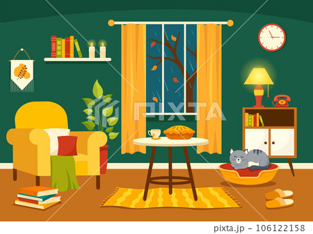 Autumn Cozy Home Decor Vector Illustration with Living Room Interior Furniture Background Elements in Flat Cartoon Hand Drawn Templates 106122158