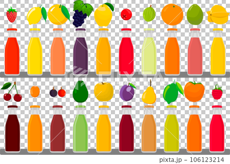 big kit glass bottles with caps filled liquid multicolored fruit juice 106123214