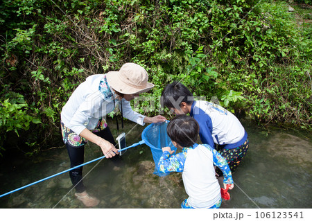 泉で魚を取って遊ぶ親子 泉で魚を取って遊ぶ親子 106123541