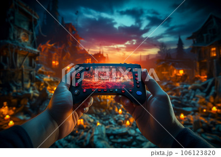 A person watching a video with a remote in hand Generative AI 106123820