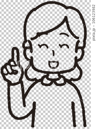 Upper body line drawing illustration of a woman laughing with her right index finger up Upper body line drawing illustration of a woman laughing with her right index finger up 106123982