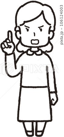右手の人差し指を立てて怒っている女性の全身線画イラスト 右手の人差し指を立てて怒っている女性の全身線画イラスト 106124003