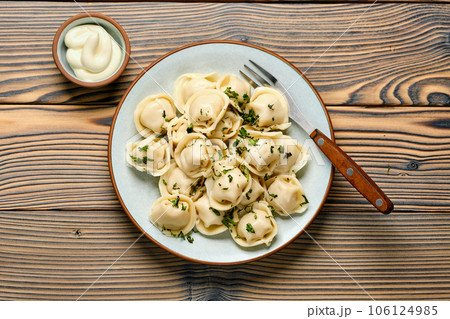 Overhead view of homemade meat dumplings 106124985