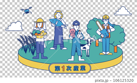 1次産業に従事する人物をまとめた一枚のイラスト（農業,漁業,畜産業,林業） 106125320