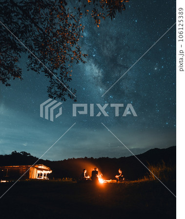 Milky way and bonfire at night Milky way and bonfire at night 106125389