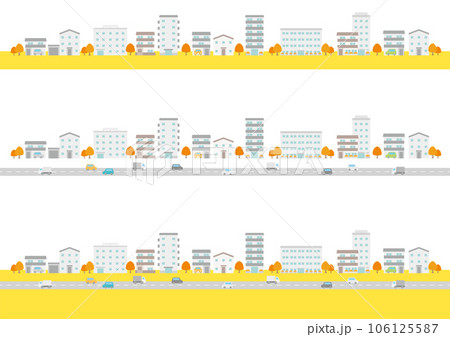 秋の街並みの建物や車のイラストのセット_1 106125587