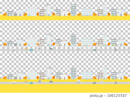 秋の街並みの建物や車のイラストのセット_1 106125587
