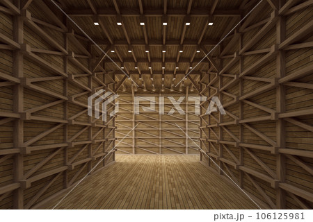 Modern contemporary empty room in a wooden building showing a trussed structure on the wall 3d render 106125981