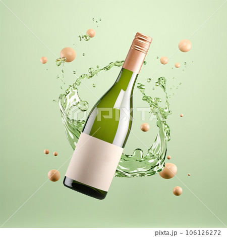 Wine bottle mockup with blank white label, bottle of white wine in liquid splash on green studio background, commercial wine label template Wine bottle mockup with blank white label, bottle of white wine in liquid splash on green studio background, commercial wine label template 106126272