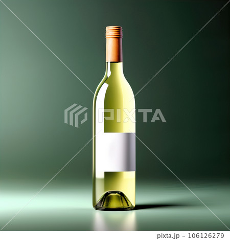 Wine bottle mockup with blank white label, bottle of white grape wine on green studio background, commercial wine label template 106126279