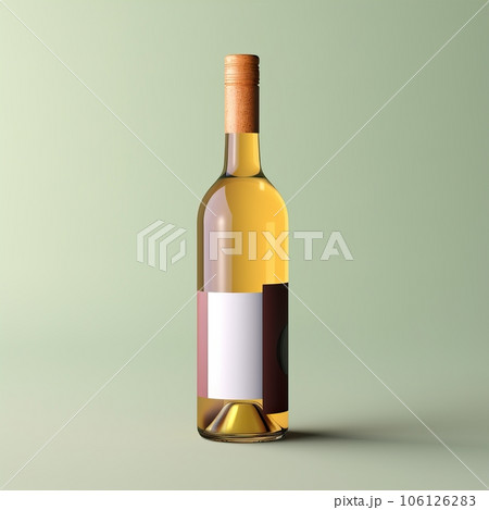 Wine bottle mockup with blank white label, bottle of white grape wine on green studio background, commercial wine label template 106126283