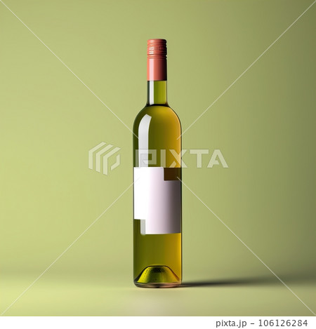 Wine bottle mockup with blank white label, bottle of white grape wine on green studio background, commercial wine label template 106126284