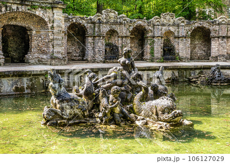 Fountain in the Low Grotto pond in the park of Historical Hermitage at Bayreuth, Bavaria, Germany 106127029