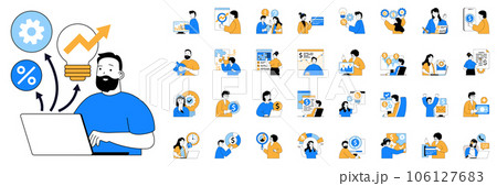 Business and finance concept with character situations mega set. Bundle of scenes people analyzing data, discussing strategy, get financial growth and other. Vector illustrations in flat web design 106127683