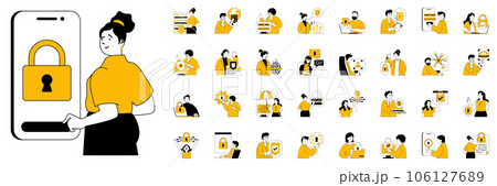 Cyber security concept with character situations mega set. Bundle of scenes people protect personal data, password access, financial account secure and other. Vector illustrations in flat web design Cyber security concept with character situations mega set. Bundle of scenes people protect personal data, password access, financial account secure and other. Vector illustrations in flat web design 106127689
