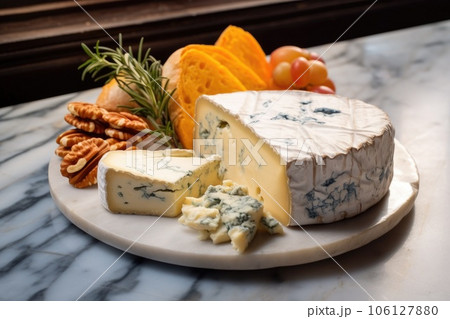 close-up of blue cheese, brie, and cheddar on a marble plate 106127880