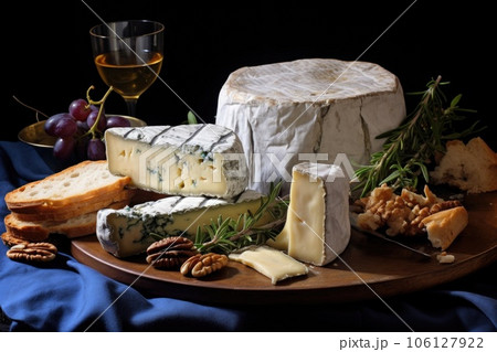 close-up of blue cheese and brie on platter 106127922