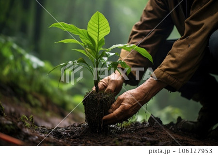 hands planting a sapling in the rainforest 106127953