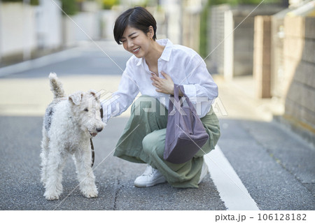 愛犬のワイヤーフォックステリアと住宅街を散歩する若い女性 愛犬のワイヤーフォックステリアと住宅街を散歩する若い女性 106128182