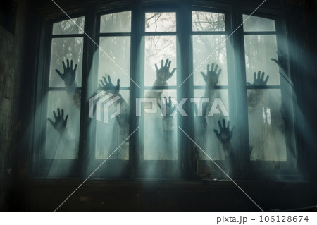 窓に張り付く無数の幽霊の手：AI作品 106128674