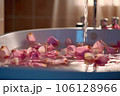 Rose petals in the bathroom. Romance. Generative AI technology. 106128966