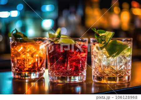 Colorful cocktails on the bar counter. Generative AI technology. 106128968