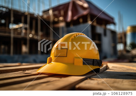 Yellow construction helmet on the background of a house under construction. Generative AI technology. 106128975