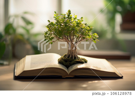 A tree growing out of a book. Generative AI technology. 106128978