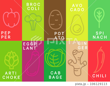 Bright vegetables cards in simple minimal design. Bright vegetables cards in simple minimal design. 106129113