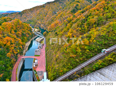 鮮やかな紅葉に彩られた宮ケ瀬ダムとインクラインを上から見た風景 鮮やかな紅葉に彩られた宮ケ瀬ダムとインクラインを上から見た風景 106129459