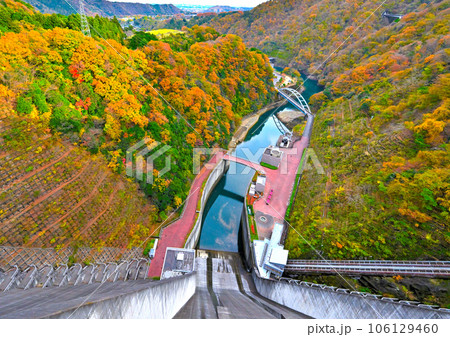 鮮やかな紅葉に彩られた宮ケ瀬ダムを上から見た風景 鮮やかな紅葉に彩られた宮ケ瀬ダムを上から見た風景 106129460