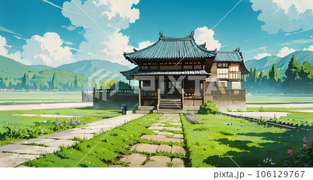 landscape traditional japanese temple and houses anime background wallpaper  Stock Illustration