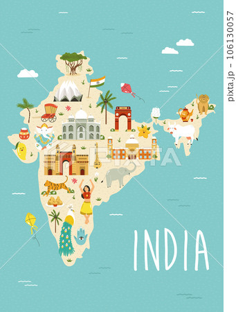 Illustrated map of India with famous landmarks, symbols and animals. 106130057