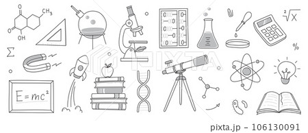 Doodle science, education school icon. Hand drawn sketch style doodle science background. School chemistry, physics education, biology concept icon. Hand drawn line vector 106130091