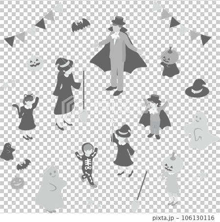 Isometric person family Halloween costume cosplay cute simple illustration material monochrome 106130116