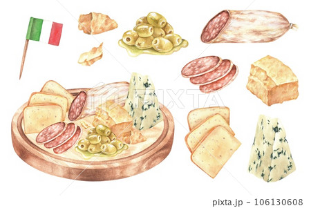 Wine cutting on a round wooden board. Watercolor illustration. National Italian snacks blue cheese, salami, parmesan, olives and cheddar cheese set. Hand drawn clip art Isolated on a white background Wine cutting on a round wooden board. Watercolor illustration. National Italian snacks blue cheese, salami, parmesan, olives and cheddar cheese set. Hand drawn clip art Isolated on a white background 106130608