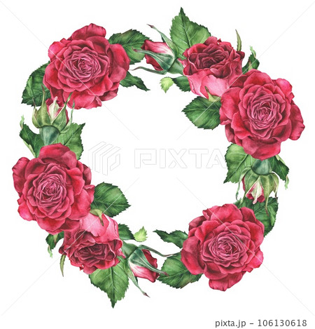 Wreath of pink roses. Watercolor botanical illustration. Round frame of red flowers. Isolated hand drawn clip art with flowering plants on a white background. Design of postcard, sticker 106130618