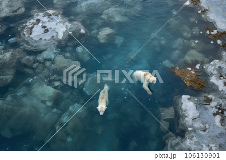 aerial view of polar bears playing in icy water 106130901