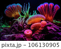 fluorescent coral polyps feeding on microscopic organisms 106130905