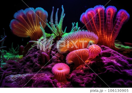 fluorescent coral polyps feeding on microscopic organisms 106130905