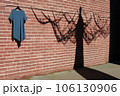 clothesline shadow cast on a brick wall 106130906
