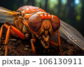 close-up of cicadas compound eyes and intricate wings 106130911